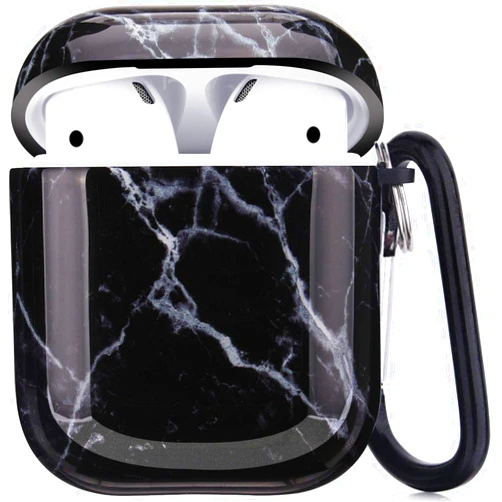 LitoDream Protective Hard Case Cover Compatible with AirPods 2/1 Generation Skin Portable & Shockproof Women Girls Men with Keychain - Black Marble