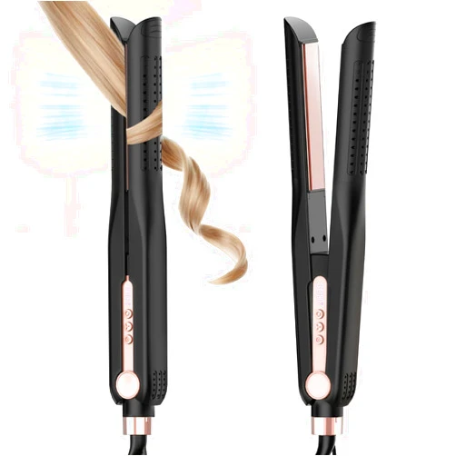SKIMI Airflow Styler, Titanium Flat Iron Hair Straightener, Professional Curling Iron with Cooling Air Vents to Lock in Style, 5 Temps & Dual Voltage, Auto Off(Black & Blush Gold).