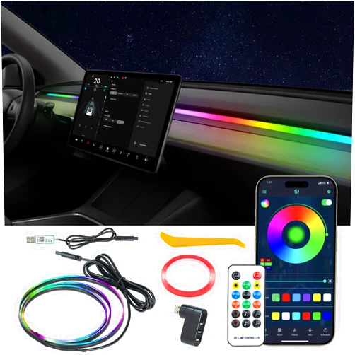 Fulfalic Car Interior Ambient Lights Compatible with Tesla Model 3/Y for Dashboard with USB Hub, RGB Changing LED Strip Lights USB APP Control Remote, Interior Neon Lights Accessories 2021 2022 2023