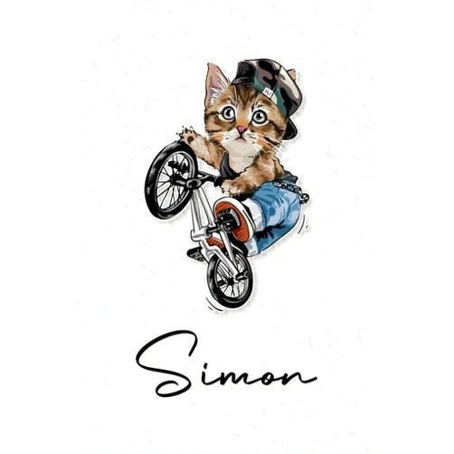 French Edition by Lewis Mani FoR Edition (Author) Simon: Cahier personnalisé avec prénom Simon | Cadeau d'anniversaire pour enfant, garçon, homme, copain ... | Chat à bicyclette | 110 pages lignée, ... pouces (15,24 x 22,86 cm) (French Edition)