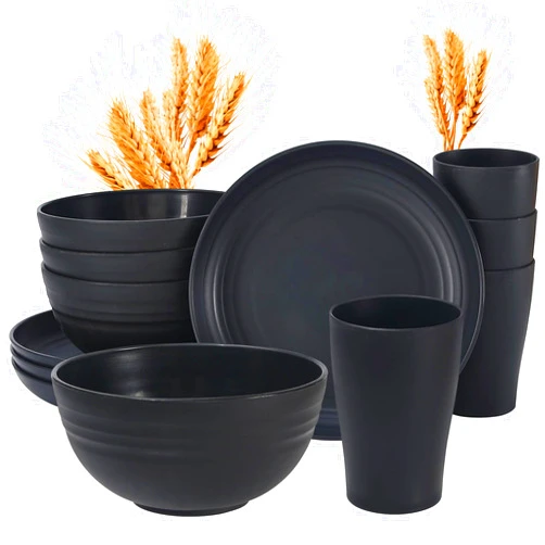 Wwyybfk 12pcs Wheat Straw Dinnerware Sets, Wheat Straw Plates and Bowls Set for 4 Microwave Safe (Black)