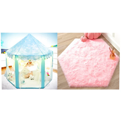 KIXINWA Princess Tent with Small Lights and Pink Princess Rug
