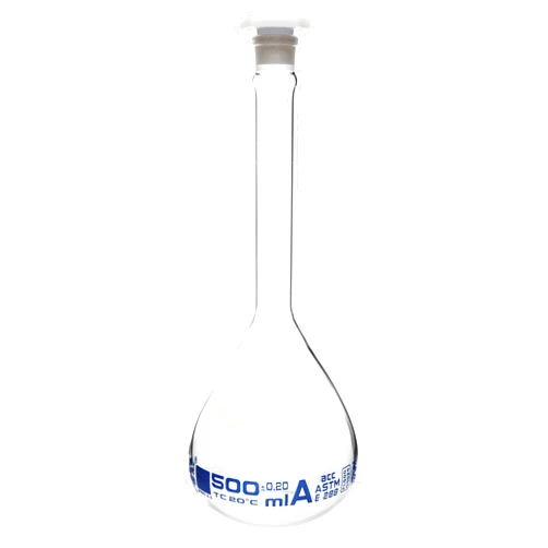 EISCO Volumetric Flask, 500ml - ASTM, Class A - Tolerance ±0.20ml - Interchangeable, Size 19 Polypropylene Stopper - Single, White Graduation - Borosilicate Glass