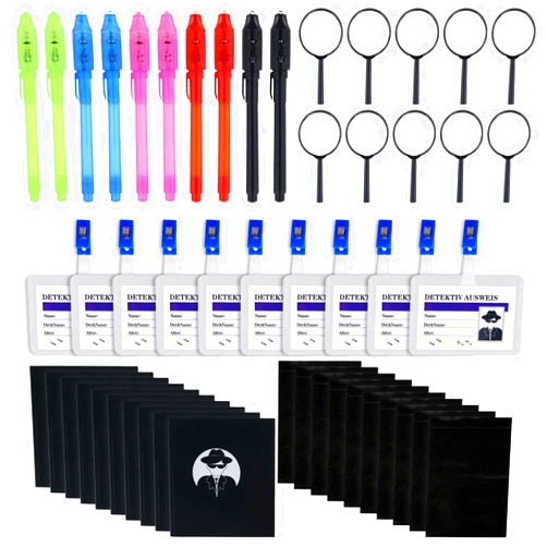 BTFO 50pcs Detective Party Favors, Invisible Ink Light Pens Notebooks Magnifiers Kid Detective Game Kit Spy Toys Escape Room Gear Party Favors Detective Themed Party Decorations Birthday Gift