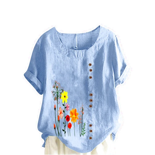 FOCLMP Women Floral Print Linen Shirts Short Sleeve Gauze Tops Loose Fit Cotton Blouses Trendy 2024 Clothing