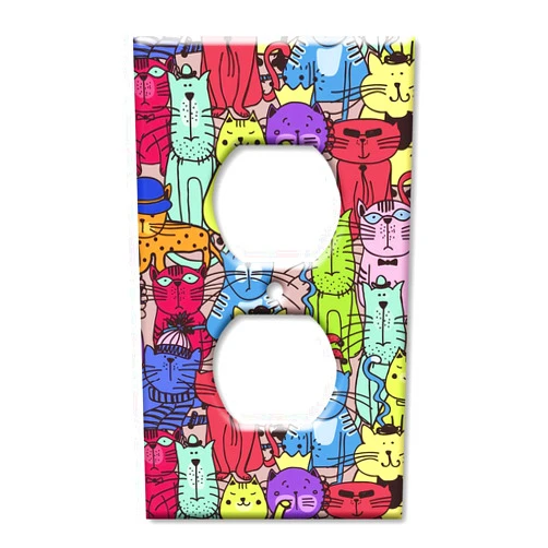 Art Plates Duplex Outlet Cover Decorative Metal Wall Plate - Colorful Cat Toss - (Made in USA)