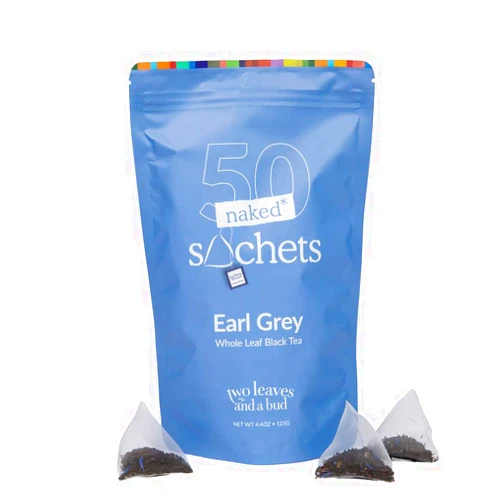 Two Leaves and a Bud Earl Grey Tea - Whole Leaf Black Tea in Eco-Friendly Unwrapped Compostable Sachets, Resealable Bag, 50 Sachets (Pack of 1)