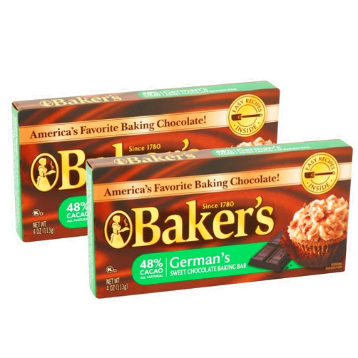 Baker's Lot of 2 Baker's 4 oz. Sweet Chocolate Bar-German's All Natural 48% Cacao