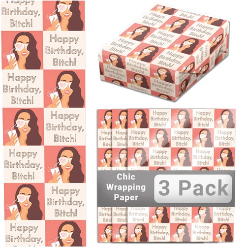 ELLOPI Super Cute Funny Happy Birthday Girl 20x30 In Wrapping Paper Sheets 3 Pk. Recyclable Novelty Design Squares Great for Friends. Unique Folded Heavy Duty Gift-Wrap Papers for Women’s Bday Gifts.