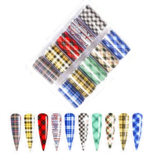 Kistreao 10 Colors Buffalo Plaid Nail Art Foils Christmas Nail Transfer Stickers Supplies Buffalo Plaid Design Nail Decal Tips Wraps Adhesive Glitters Acrylic DIY Nail Decoration