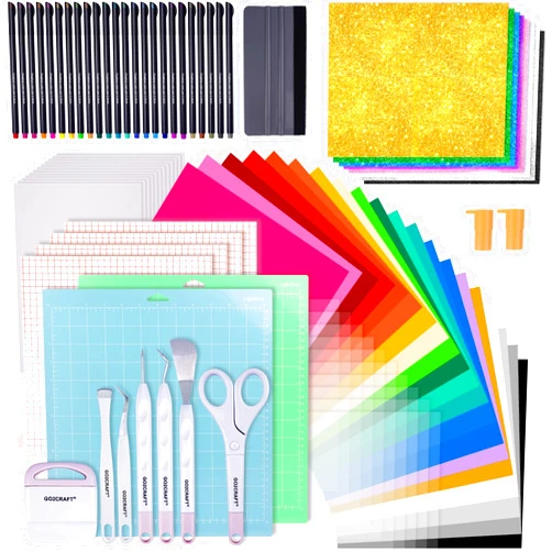 GO2CRAFT All-in-One Accessories Bundle for Cricut Makers and All Explore Air, 90Pcs Ultimate Tools and Accessories with Vinyl, Weeding Tools, Transfer Tape, Crafting Starter Kit for Cricut Projects