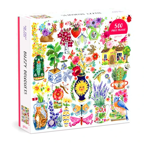 Galison Buzzy Bouquets – 500 Piece Jigsaw Puzzle Featuring Beautiful Artwork of Quirky Flower Vases and Buzzy Insects