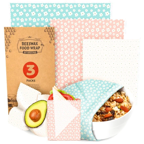Akeeko Reusable Beeswax Food Wraps Assorted 3 Pack, Eco-Friendly Wax Sheet Wrappers, Biodegradable Organic Cloth, Zero Waste Kit, Sustainable Gifts