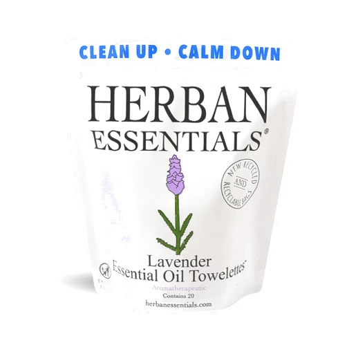 Herban Essentials Lavender Towelettes - Essential Oil Wipes for Hands, Travel Face Wipes - Natural Hand Wipes, Moist Towelettes Individually Wrapped Body Wipes - 20 Count