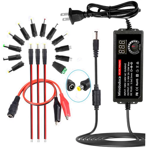 Minidodoca 72W Power Supply Adjustable DC 3V ~ 36V Variable Universal Switching AC/DC Adapter AC to DC Converter with LED Voltage Display and 16 Tips, for 3V to 36V Household Electronics - 2000mA Max