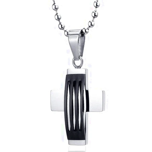 Oravo Stainless Steel Triple Stripe Black Enamel Finish Modern Cross Pendant Necklace for Men