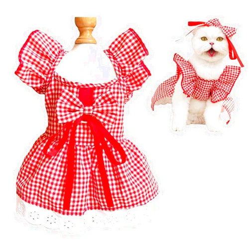ANIAC Plaid Dog Dress with Leash Ring Girl Dog Clothes for Small Dog Bow Decor Red Cat Dress for Cat only Holiday Puppy Clothes for Chihuahua Yorkie dachshund Pomeranian (Small, Plaid)