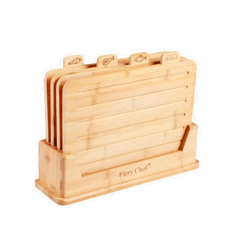 Fiery Chef Bamboo Cutting Board Set of 4 - Wood Cutting Board Set with Holder, Chopping Boards Set with Food Icons, Juice Groove - Ideal for Meat, Fish, Bread, Vegetable, Fruit Chopping