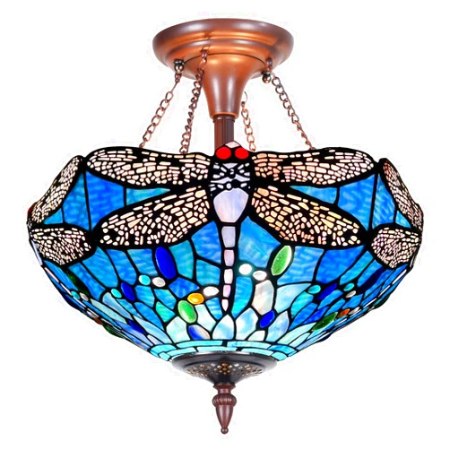 Capulina Tiffany Style Ceiling Light 2 Light 16 Inches Wide Blue Dragonfly Style Stained Glass Semi Flush Mount Ceiling Lamp for Home Kitchen Porch Entryway Bathroom Hallway
