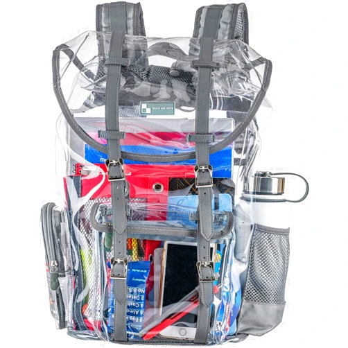 WLACK AND BHITE Eco-Friendly Heavy Duty Clear Backpack with Front Pocket | Large Clear Bookbag Transparent See Through Backpack for College Work Travel (Steel Gray Eco Friendly)