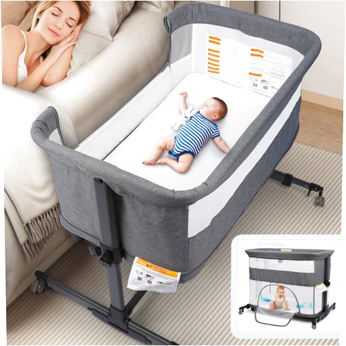 Xilingol 5-in-1 Bassinet Bedside Sleeper with 5 Adjustable Heights, Aluminum Baby Bassinet | Rocking Cradle | Playpen with Breathable Mesh & Mattress, Portable Crib with Carry Bag & Universal Wheels