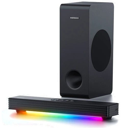 MEREDO Sound Bar for Smart TV 3.1CH PC Gaming Soundbar with Subwoofer RGB Lighting Audio Sync Surround Sound System BT 5.3/HD-ARC/Optical/AUX/USB for Desktop Tablets Consoles Home Cinema