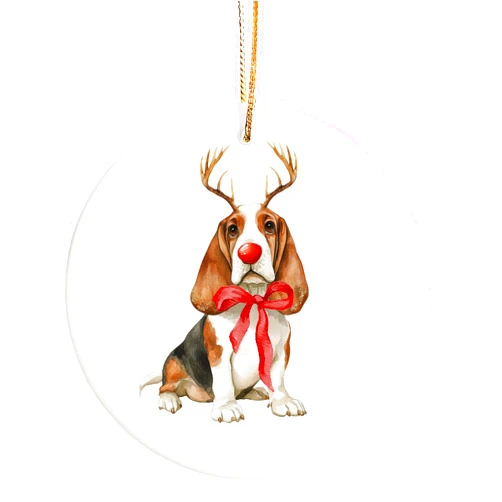 Mancheng-zi Basset Hound Ornament, Dog Christmas Xmas Ornaments Decorations, Basset Hound Gifts, Funny Red Nose Reindeer Dog Decorative Hanging Ceramic Ornament for Christmas Tree Window