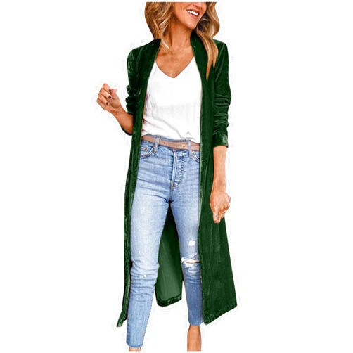 Yck-SAiWed Women's Casual Velvet Cardigan Long Sleeve Draped Open Front Trench Coat Vintage Maxi Duster Outerwear with Pocket