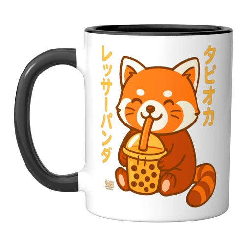 Totally Kawaii TeeShirts Bubble Tea Red Panda Boba Kawaii Tapioka Anime Cute Ceramic Mug, Black/White