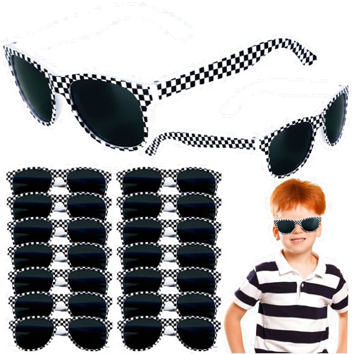 CHUNNIN 16 Pack Race Car Checkered Sunglasses White Frame Black Checker Sunglasses Bulk for Kids Race car Party Essentials & Gear Up With Race car Plastic Sunglasses for Racing Theme Birthday Party Gifts