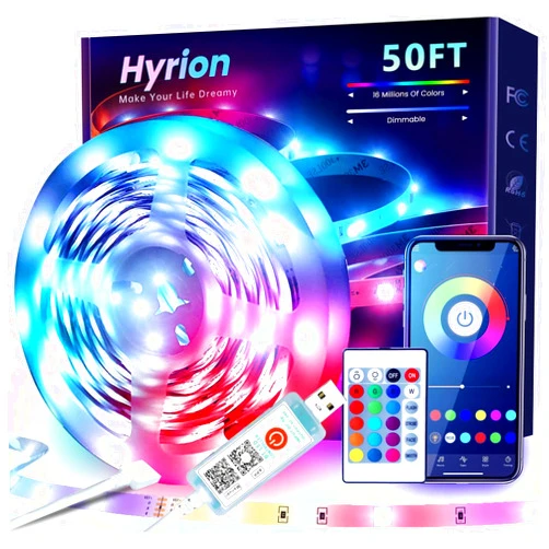 hyrion 50ft USB-Powered RGB LED Strip Lights, Music Sync & Sound-Reactive Color Changing Lights for Bedroom, TV Backlight, Gaming Setup, Bluetooth, IR Remote & Smart App Control