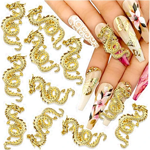 Jaliya Gold Dragon Nail Charms, 3D Alloy Dragon Charms for Nails Chinese Zodiac Dragon Nail Art Charms Metal Nail Charm Nail Jewels for Nail Art Decoration Nail Jewelry Accessories Nail Supplies,10pcs/set