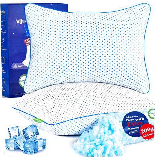 Fulocean Cooling Gel Memory foam Pillows Queen Size Set of 2 for Sleeping,Bamboo Rayon Adjustable Firm Shredded Foam Bed Pillows 2 Pack for Side, Back, Stomach Sleepers Luxury Washable Breathable Pillowcase
