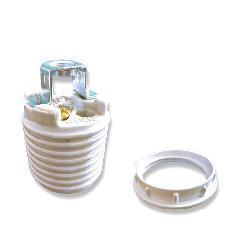 RXEAZIL E26 Ceramic Threaded Light Socket with White Aluminum Shade Ring, UL Listed Medium Base Standard Screw-in Light Bulb Socket Replacement, Porcelain Lamp Holder for Halogen LED Bulb (1)