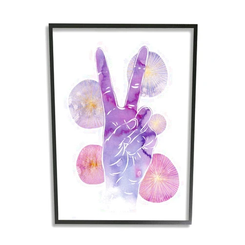 Stupell Industries Purple Watercolor Peace Hand Sign with Abstract Shapes Wall Art, 11 x 14, White