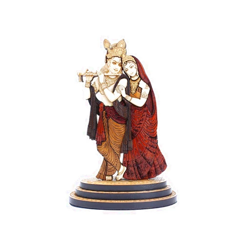 PLEASANTINO 4 Inch Radha Krishna Wood Carved Statue in Exotic Hard Woods - Multi Layered Hand Made Wooden Radha Krishna Idol for Car Dashboard, Home, Office, and Travel