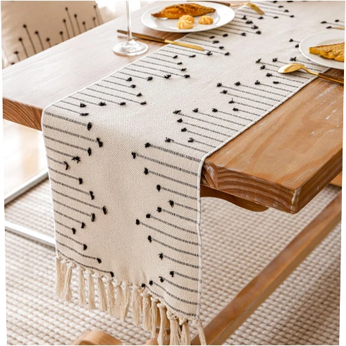Joyfol Day Boho Table Runner, Farmhouse Stripe Cotton Table Runners with Tassels for Home Dining Table Decor, Rustic Natural Woven Dresser Scarf (Beige&Black,13 x 36 Inch)