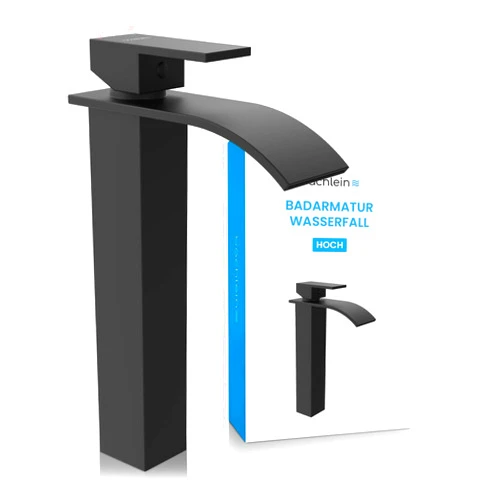 Bächlein Waterfall Design High Bathroom Tap Extra Tall Single Lever Mixer with Sink Mounting Set Matte Black