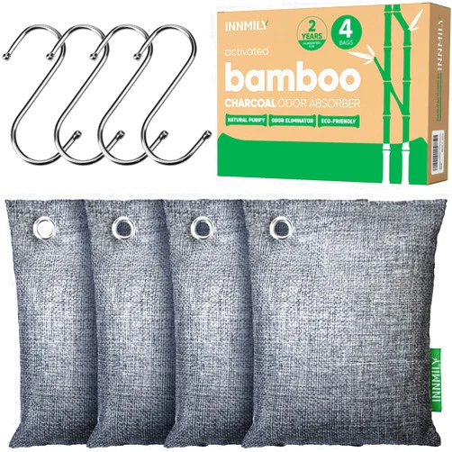 Innmily Activated Charcoal Odor Absorber,Large 4x200g w Hooks Nature Odor Eliminator for Strong Odor,Bamboo Charcoal Air Purifying Bags,Moisture Absorbers for Fresh Home Car Closet Pet,Smoke Smell Deodorizer