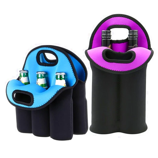 Hipiwe Set of 2 - Insulated Neoprene Wine Carrier Tote Bag + 6 Pack Beer Water Can Carrier Tote Bottle Holder Bottle Cooler Bag - Perfect for Travel with Secure Carry Handle