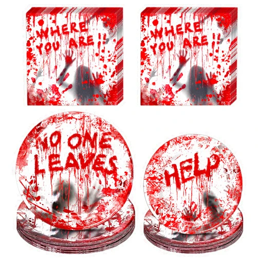 HEKEDES 48Pcs Halloween Bloody Good Time Party Tableware Set: Including 24Pcs Halloween Napkins, 12Pcs 9