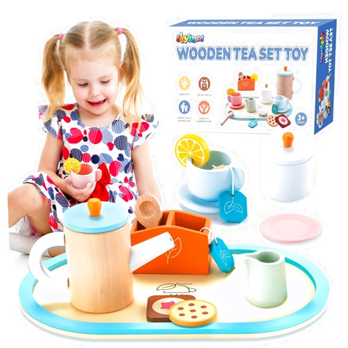 ShyLizard Wooden Tea Set for Little Girls, ,Toddlers Tea Set, Princess Tea Party Set for Girls, Toys for 3 4 5 6 Years Girls, Christmas Birthday Gifts for Girls, Kitchen Accessories Toy, 17PCS