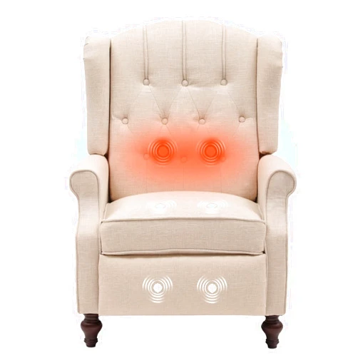 IPKIG Wingback Pushback Recliner Chair - Mid Century Recliner Armchair with Massage and Heat, Rivet Decoration, Button-Tufted Back, Solid Wood Legs for Living Room, Bedroom, Office(Beige)