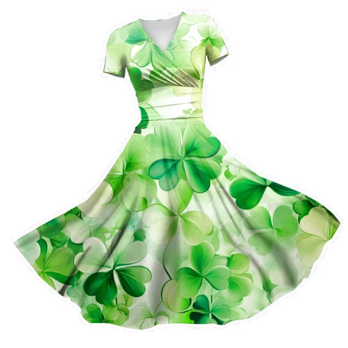 Generic Women's Short Sleeve Loose Dress Comfy Slim V-Neck Daily Waisted Shirred Dressy Casual Shamrock Print Dresses