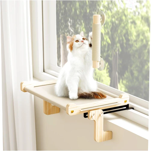 Putago Cat Window Perch with Scratching Post, Wood Window Perch for Large Cats Inside, Sturdy Cat Window Hammock Bed Seat for Windowsill, Bedside and Cabinet with 2 Replacement Mats, 20 * 14 inches