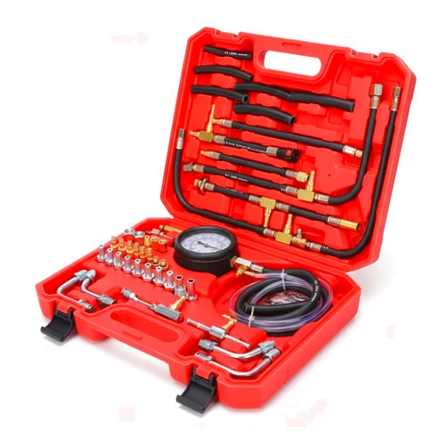 ZEAJSRU Fuel Injection Pressure Tester Kit 0-140 PSI, Universal Fuel Pump Pressure Gauge Set with Quick Release Valve, Reinforced Hoses & Multi-Size Adapters for Gasoline Engine Diagnostic ((TU-443Red))