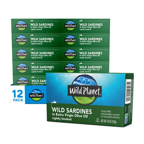 Wild Planet Wild Sardines in Extra Virgin Olive Oil, Lightly Smoked, Tinned Fish, Sustainably Wild-Caught, Non-GMO, Kosher, Gluten Free, 4.4. Ounce (Pack of 12)