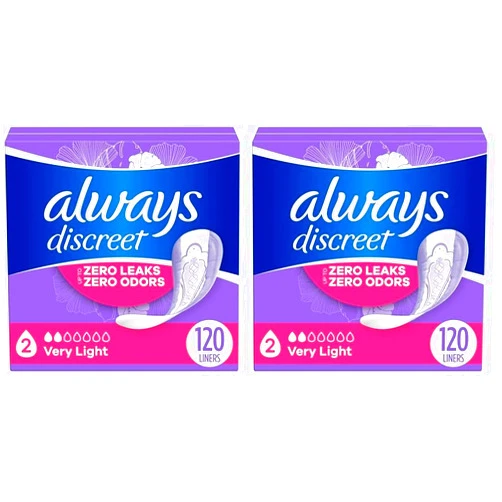 Always Discreet Adult Incontinence & Postpartum Liners for Women, Size 2, Very Light Absorbency, Regular Length, 120 Count (Packaging May Vary) (Pack of 2)