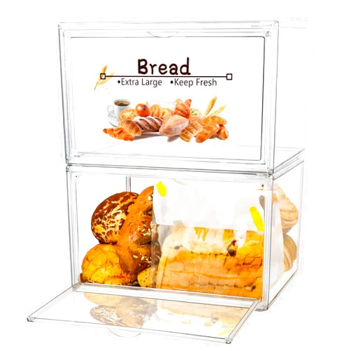 RISICULIS 2PCS Large Bread Box for Countertop, Stackable Double Layer Storage Container, Clear Boxes for Kitchen Counter, Bread Keeper for Homemade Bread, Bagel, Muffins, Rolls