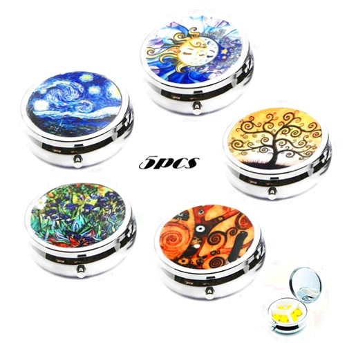 AUHOKY 5Pcs Elegant Round Pill Box Case for Purse Pocket, AUHOKY Portable Metal Medicine Tablet Holder Organizer Container with 3 Compartments for Travel Handbag Gift(45mm, 5Styles)